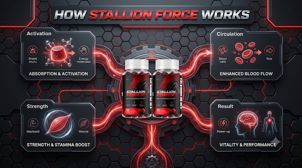 Graphic titled How Stallion Force Works with four panels: activation, circulation, strength and result